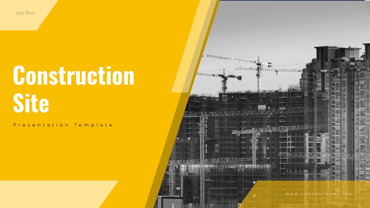This Construction Site template for PowerPoint contains a complete slide deck with sections for introduction, main content, and conclusion. Business professionals can use this presentation to communicate with stakeholders and clients. The template includes editable text placeholders, color schemes, and layout options for customization.