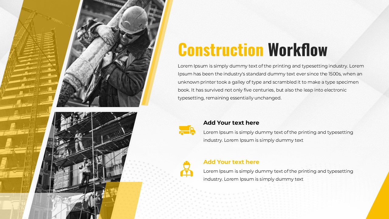 This Construction Site Workflow Presentation slide displays a Process or Workflow diagram with sequential steps and connectors. Project managers can use this to illustrate procedures and methodologies. The template includes numbered stages with editable labels and icons.