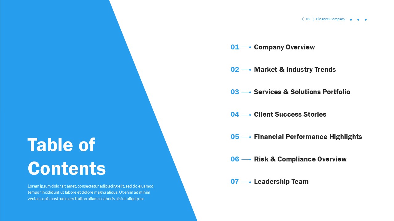 Finance Company Business Overview Table of Contents