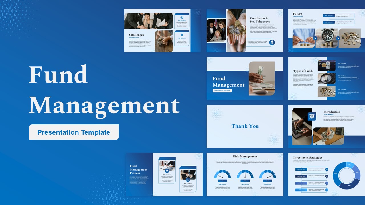 This Fund Management slide outlines Strategy with objectives. Executives can communicate direction. The template includes goal sections.