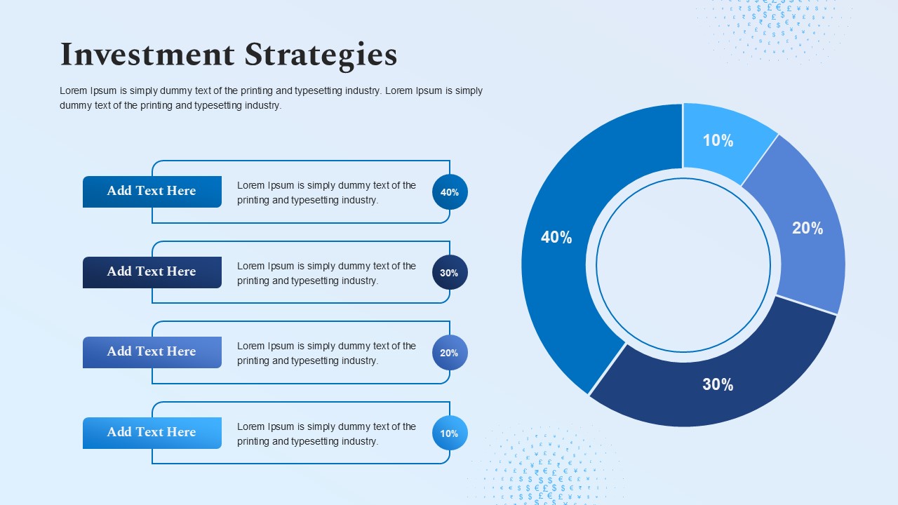 This Fund Management slide presents Investment Strategies with allocations. Advisors can explain approaches. The template includes charts.