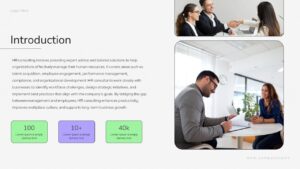 This HR Consulting slide serves as an Introduction with title area. Presenters can set expectations. The template includes subtitle and visual accents.