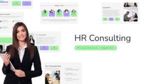 This HR Consulting template for PowerPoint contains a complete slide deck with sections for introduction and content. Business professionals can use this for presentations. The template includes editable placeholders and layouts.
