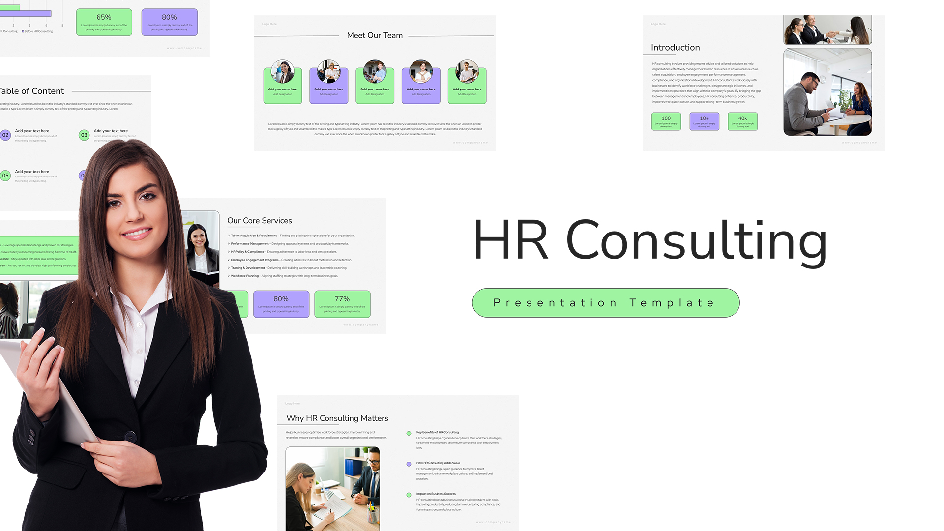 This HR Consulting template for PowerPoint contains a complete slide deck with sections for introduction and content. Business professionals can use this for presentations. The template includes editable placeholders and layouts.
