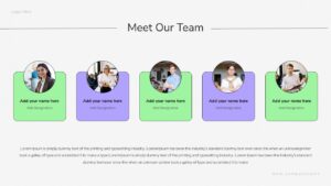 This HR Consulting slide features a Team Introduction layout with placeholders for member photos and roles. HR departments can showcase organizational structure. Startups can use this for investor decks. The template includes photo frames and text fields.