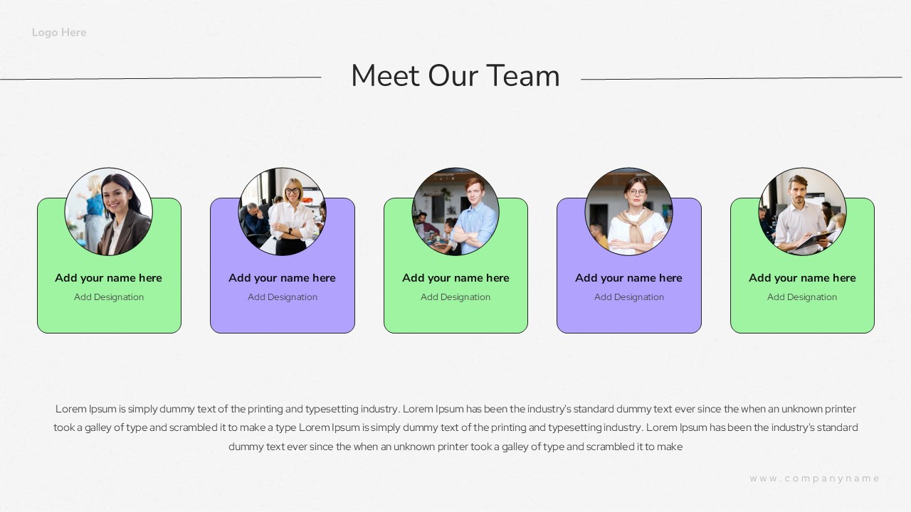 This HR Consulting slide features a Team Introduction layout with placeholders for member photos and roles. HR departments can showcase organizational structure. Startups can use this for investor decks. The template includes photo frames and text fields.