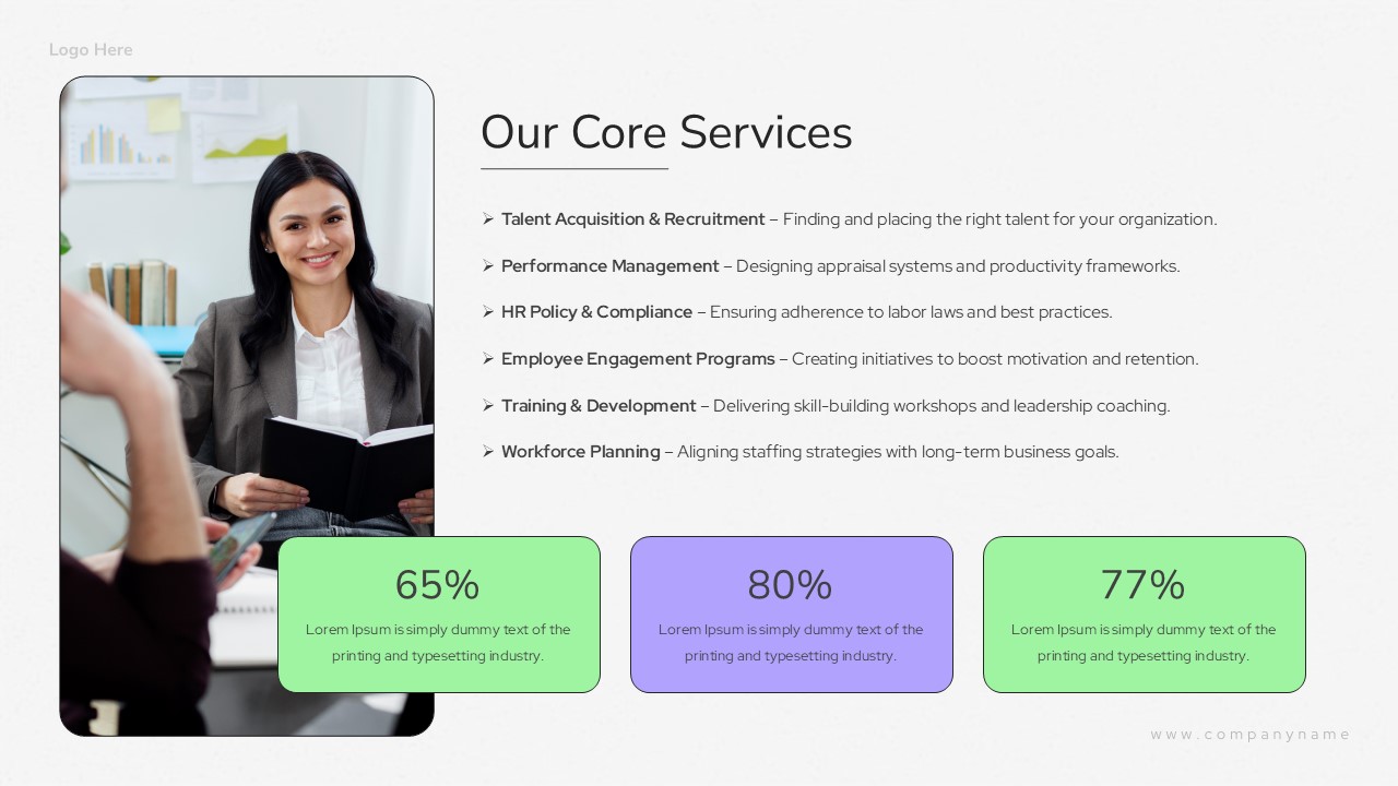 This HR Consulting slide contains a Services section with placeholders for service descriptions. Consulting firms can use this to outline capabilities. Agencies can present their portfolio. The layout supports icons with brief descriptions.