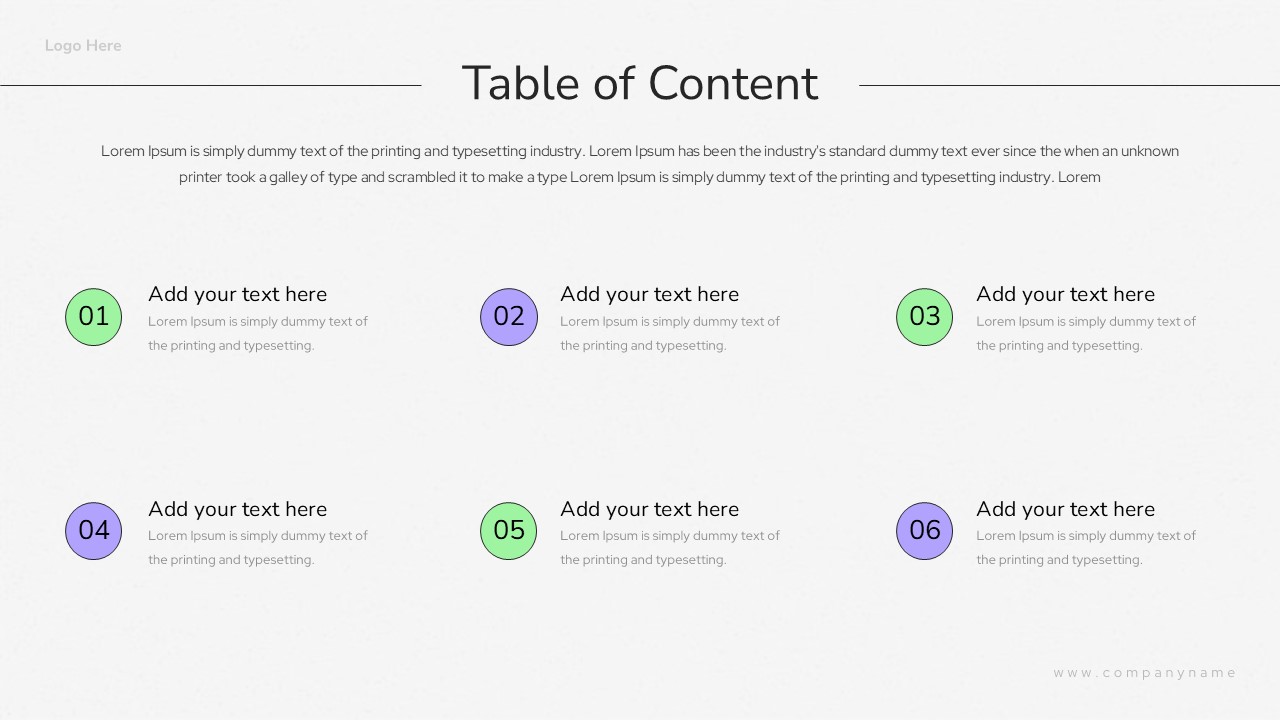 This HR Consulting slide features a Table of Contents layout with numbered sections. Presenters can outline their structure. The template includes section links and visual hierarchy.