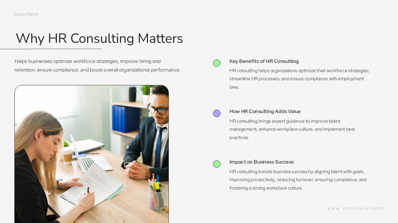 This HR Consulting template for PowerPoint contains a complete slide deck with sections for introduction and content. Business professionals can use this for presentations. The template includes editable placeholders and layouts.