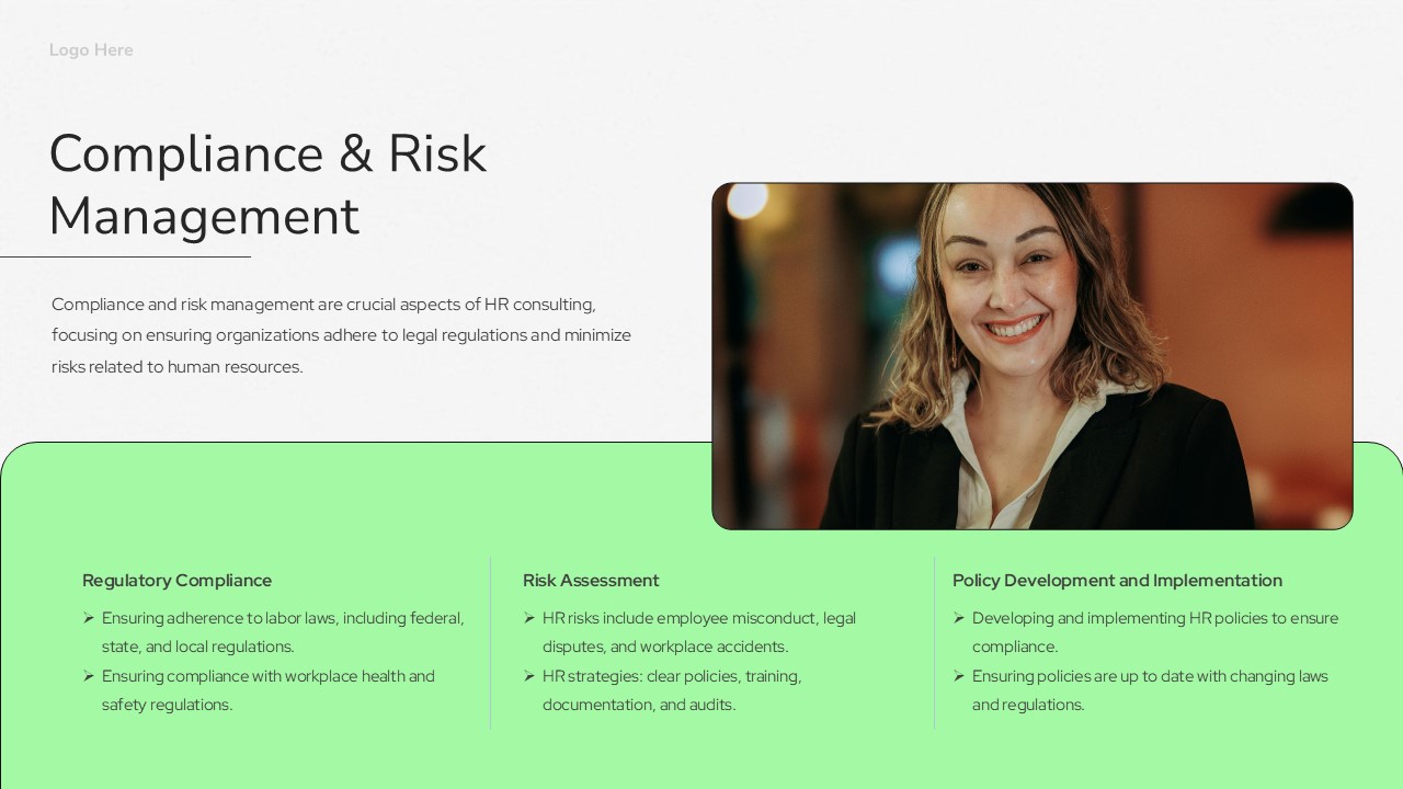 This HR Consulting slide covers Risk Management with assessment elements. Finance teams can present considerations. The template includes severity scales.