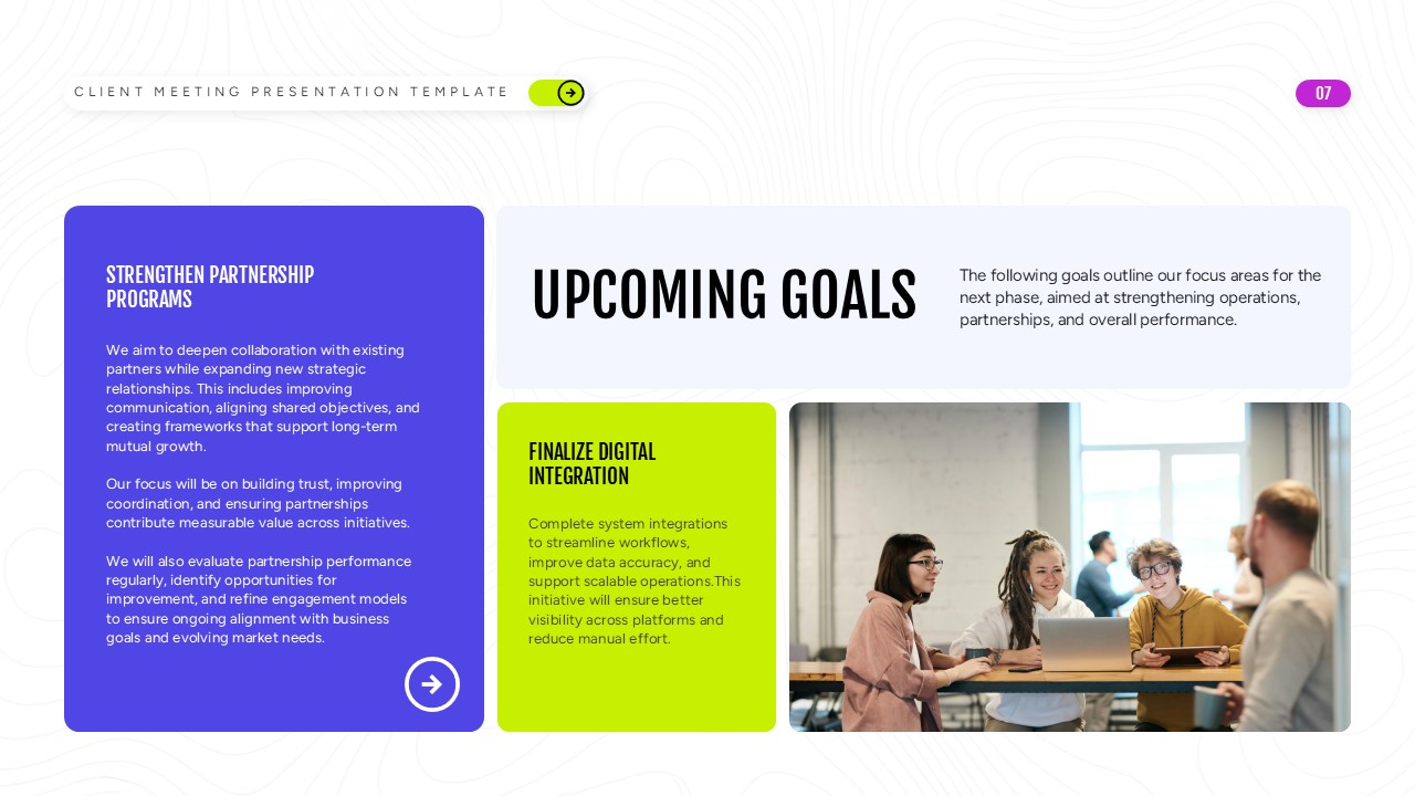 Client Meeting Company Profile Upcoming Goals Slide