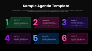 Dark theme six-point meeting agenda with color-coded numbered cards and parallelogram shapes Google Slide