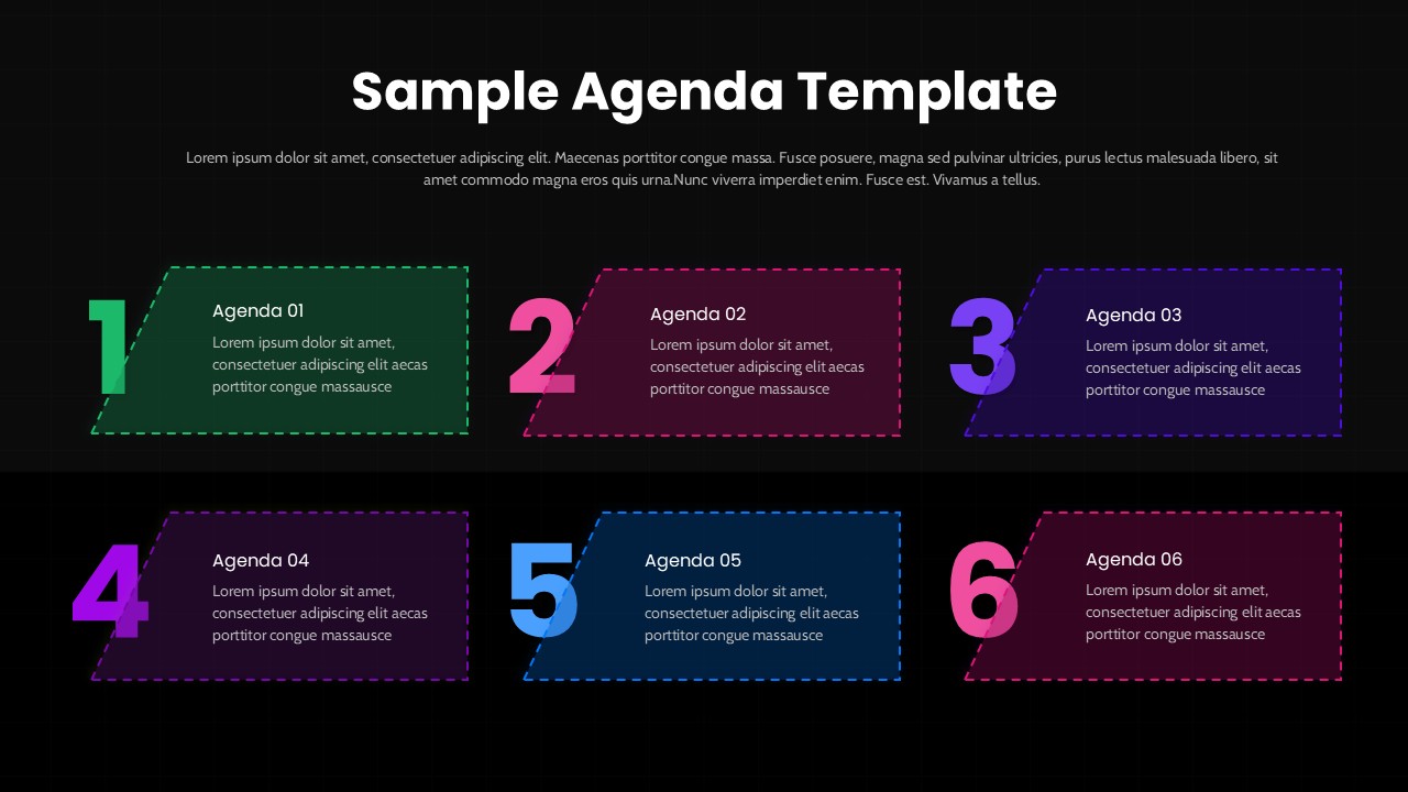 Dark theme six-point meeting agenda with color-coded numbered cards and parallelogram shapes Google Slide
