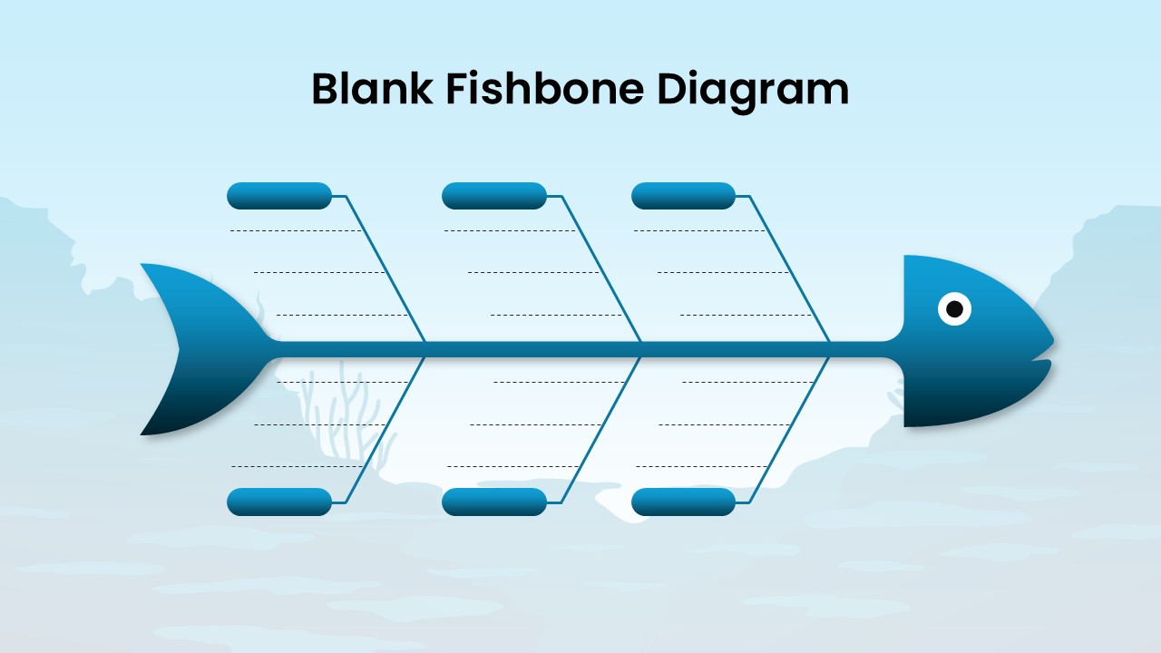 Blank Fishbone Diagram presentation slide with fish-shaped cause-and-effect layout, labeled branches, and editable sections for problem analysis.
