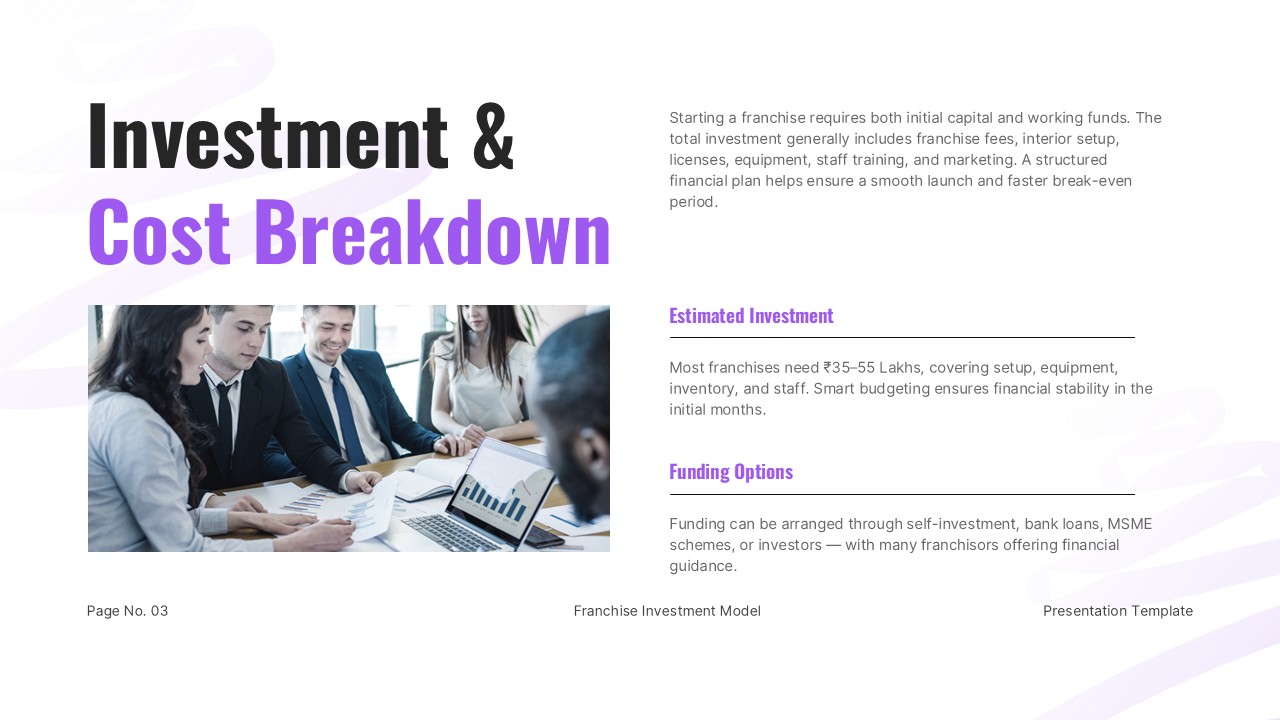 Franchise Business Plan PowerPoint and Google Slides investment analysis with cost breakdown