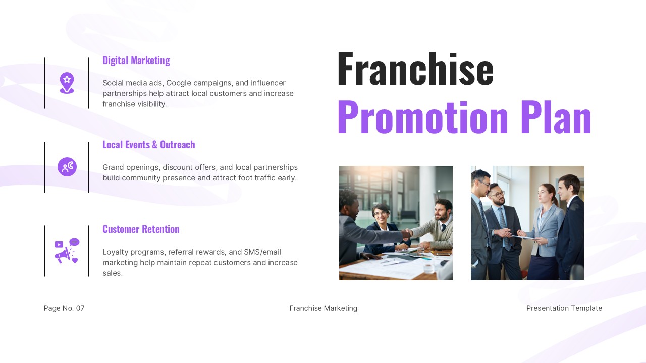 Franchise Business Plan PowerPoint and Google Slides three-strategy marketing layout with icons