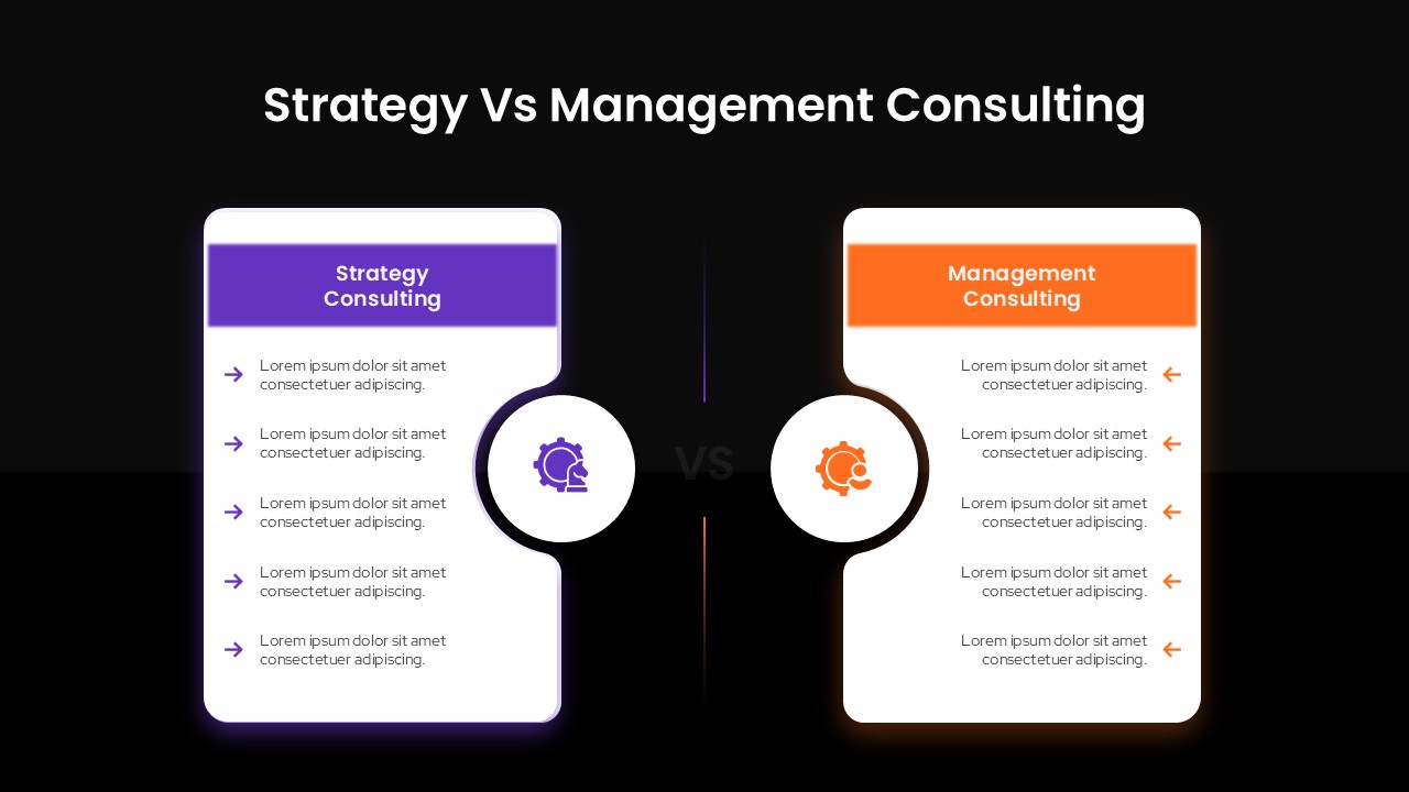 Strategy Vs Management Consulting Template PowerPoint and Google Slides dark theme