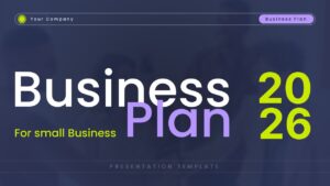 usiness Plan presentation slide with bold title, 2026 highlight, dark background, and modern layout for small business strategy