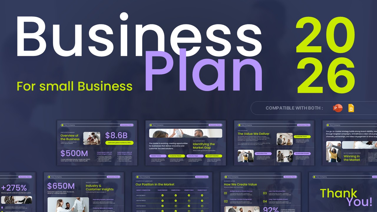 Business Plan presentation cover slide with bold title, 2026 highlight, small business subtitle, and preview thumbnails on dark modern layout