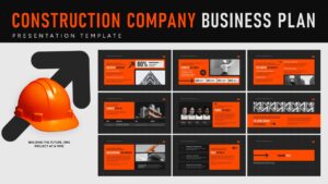Construction Company Business Plan Presentation Template cover image with multiple layouts, orange accents, and dark modern theme