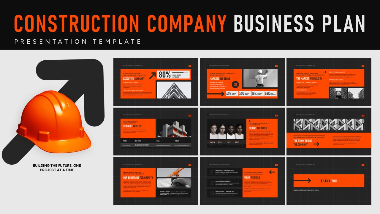 Construction Company Business Plan Presentation Template cover image with multiple layouts, orange accents, and dark modern theme