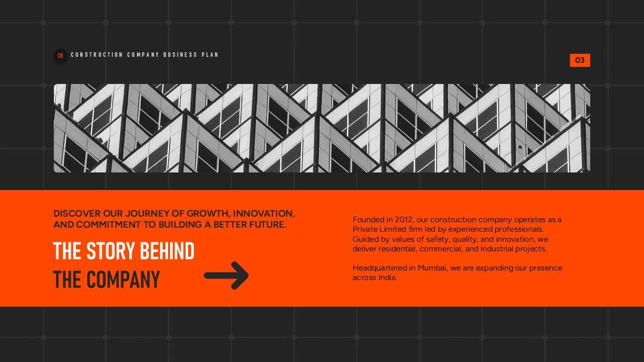 Presentation slide to explain the Story Behind the Company with orange section, company history text, and image banner