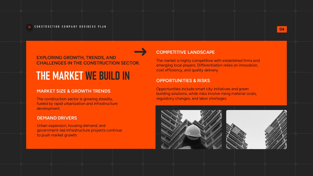 Orange-themed slide showing construction market insights, key data sections, and project image thumbnails.