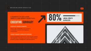 Construction Company Business Plan Executive Summary presentation slide with bold orange section, growth metric, and structured content layout