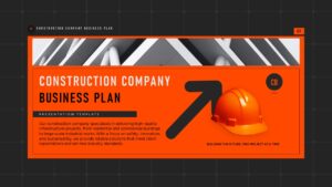 Construction Company Business Plan presentation slide with bold orange layout, helmet graphic, and modern construction theme