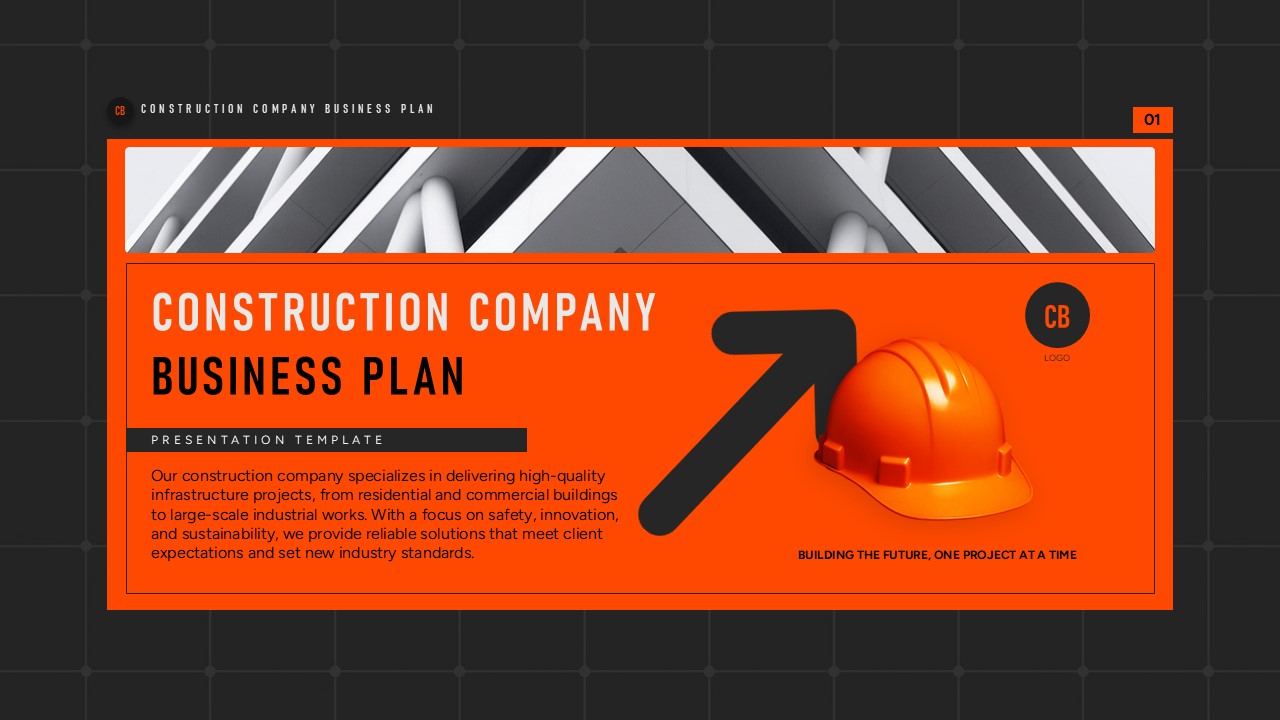Construction Company Business Plan presentation slide with bold orange layout, helmet graphic, and modern construction theme