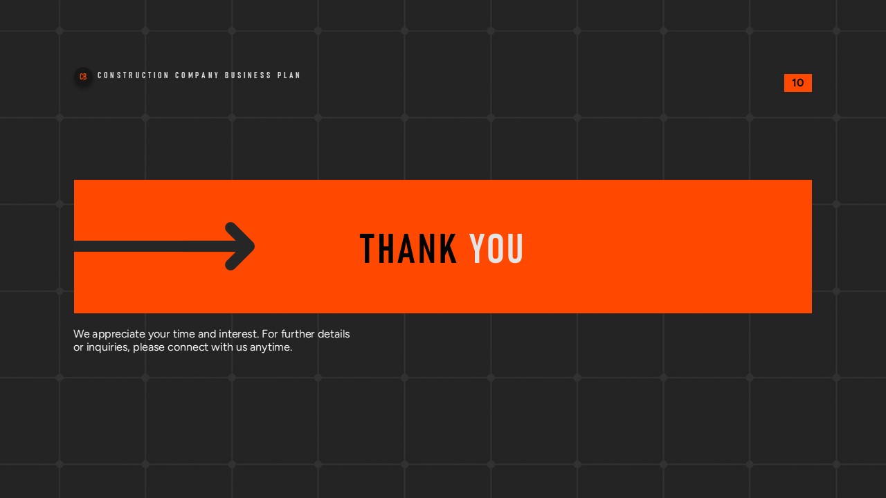 Bold orange banner and arrow emphasize a clear, minimal closing slide for the PPT presentation deck