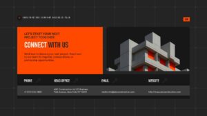 Presentation slide with Orange contact section with building image and clear layout for key company contact details.