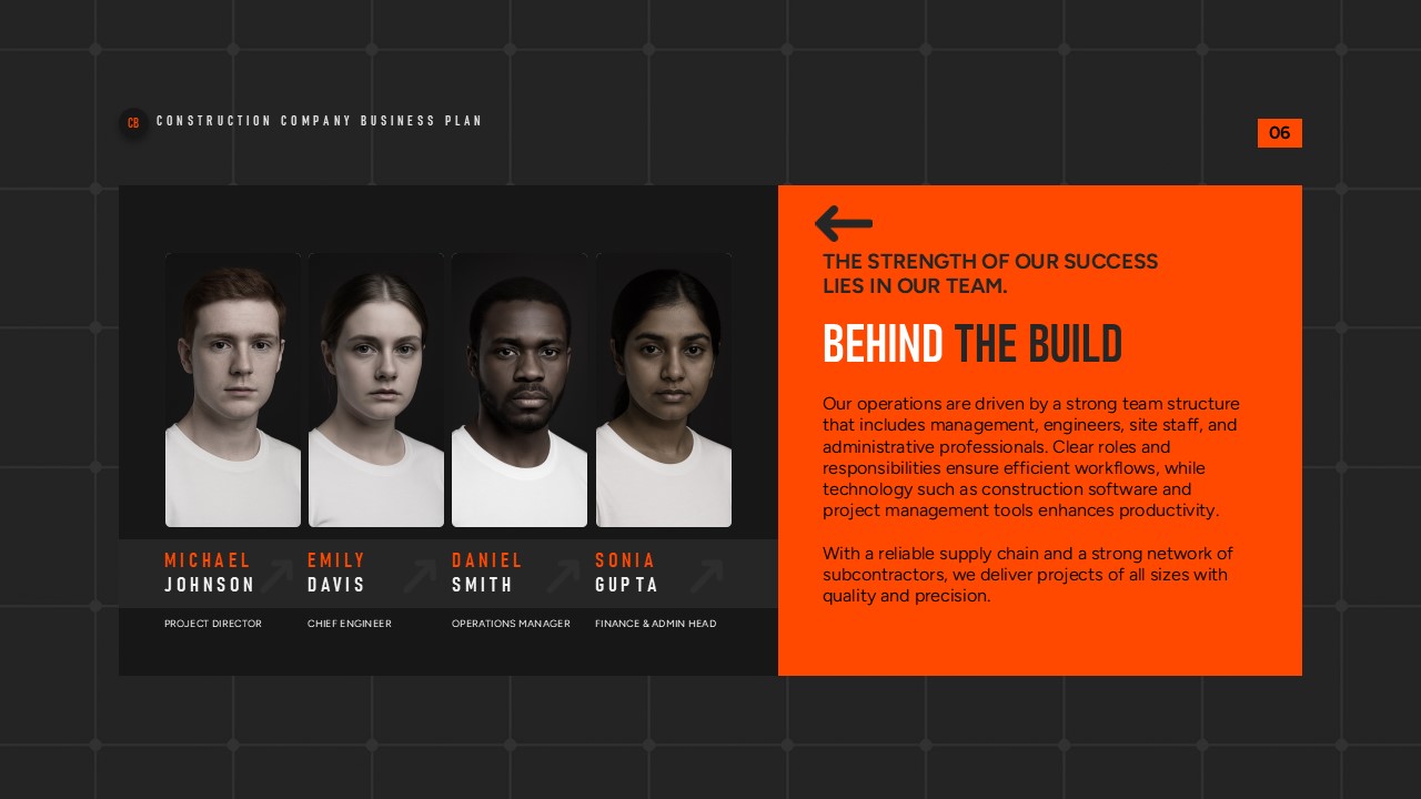 Orange panel highlights team profiles in a structured, clear construction company overview layout