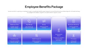 Employee Benefits Package presentation slide with gradient cards showing retirement, bonuses, insurance, awards, and promotion benefits.