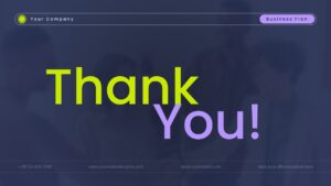 Thank You presentation slide with bold green and purple text, dark gradient background, and contact details footer layout