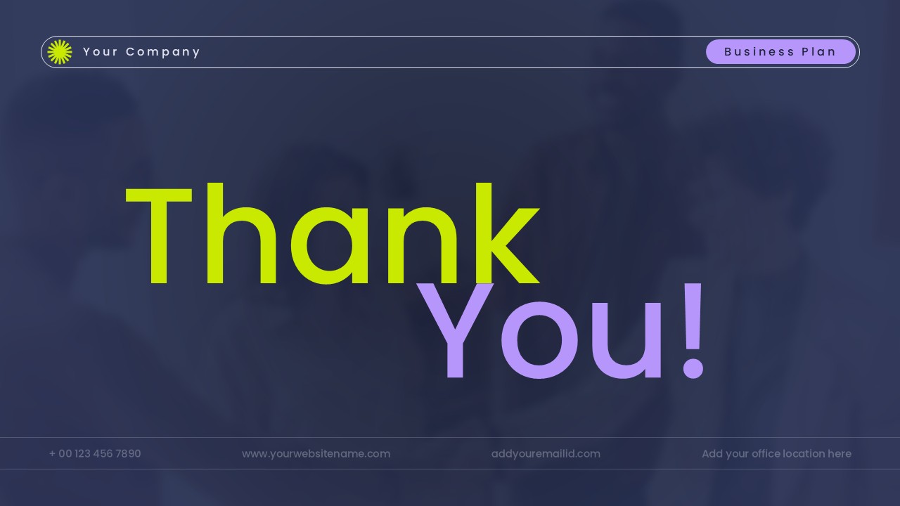 Thank You presentation slide with bold green and purple text, dark gradient background, and contact details footer layout