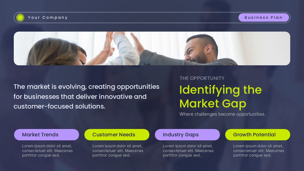 Identifying the Market Gap presentation slide with dark gradient background, bold green title, four segmented sections, and business team image header