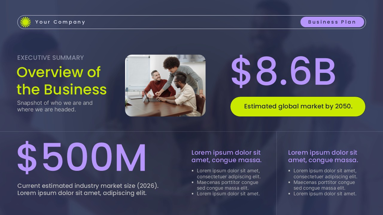 Overview slide of the Business plan presentation template with revenue figures, market size highlights, and structured text sections in a modern layout