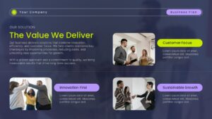 The Value We Deliver presentation slide with dark blue gradient, bold green heading, three content sections, and business team images highlighting solutions
