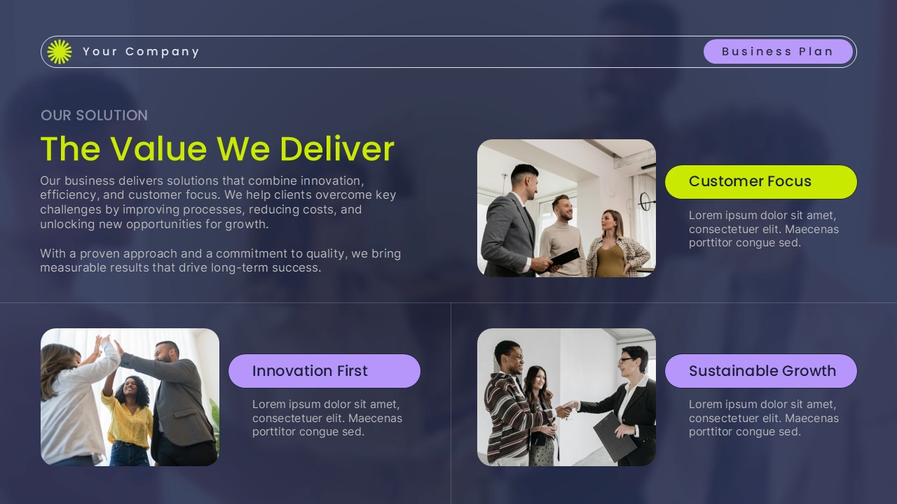 The Value We Deliver presentation slide with dark blue gradient, bold green heading, three content sections, and business team images highlighting solutions