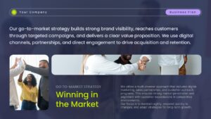 Winning in the Market presentation slide with dark gradient, green headline, go-to-market strategy text, and team collaboration images