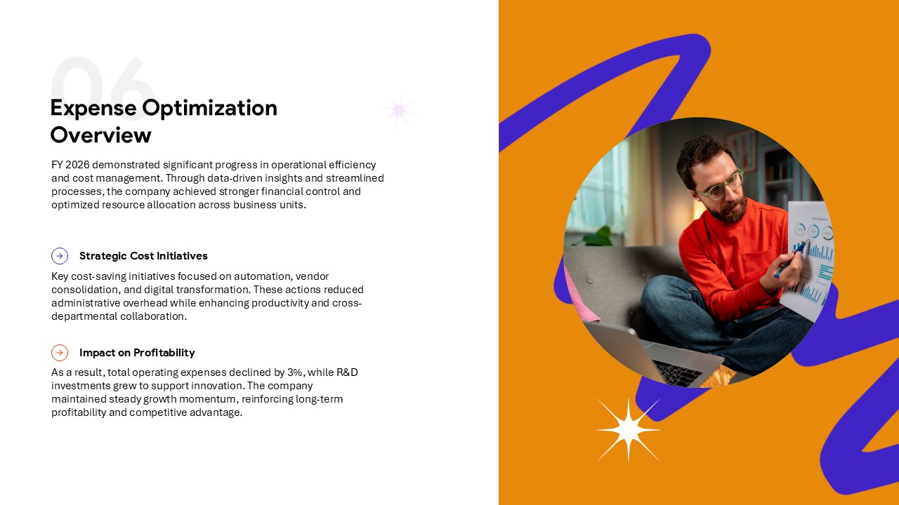 Business financial statement Google Slides template with expense optimization overview and modern finance design.