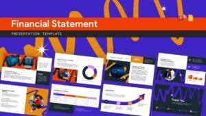 Business financial statement presentation deck cover slide with charts, reports, and modern finance-themed design elements.