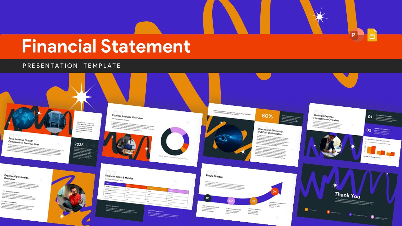 Business financial statement presentation deck cover slide with charts, reports, and modern finance-themed design elements.