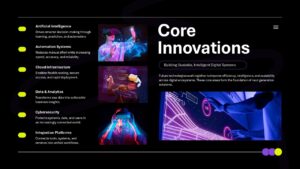 Core innovations slide showing AI automation cloud data analytics cybersecurity and integration platforms in presentation layout