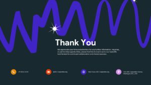 Creative thank you presentation slide with abstract financial wave graphics and modern dark-themed design.
