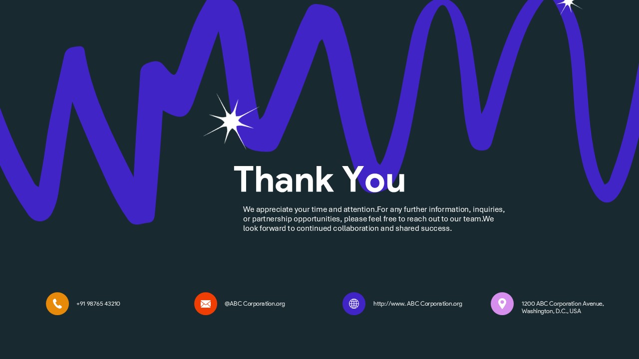 Creative thank you presentation slide with abstract financial wave graphics and modern dark-themed design.