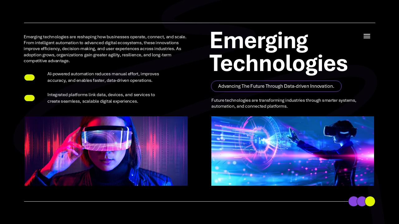 Emerging technologies presentation slide explaining AI automation and digital innovation with content layout and visuals