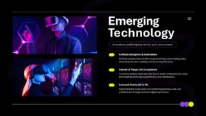 Emerging technology presentation slide showing AI IoT and AR VR concepts with content layout and visuals