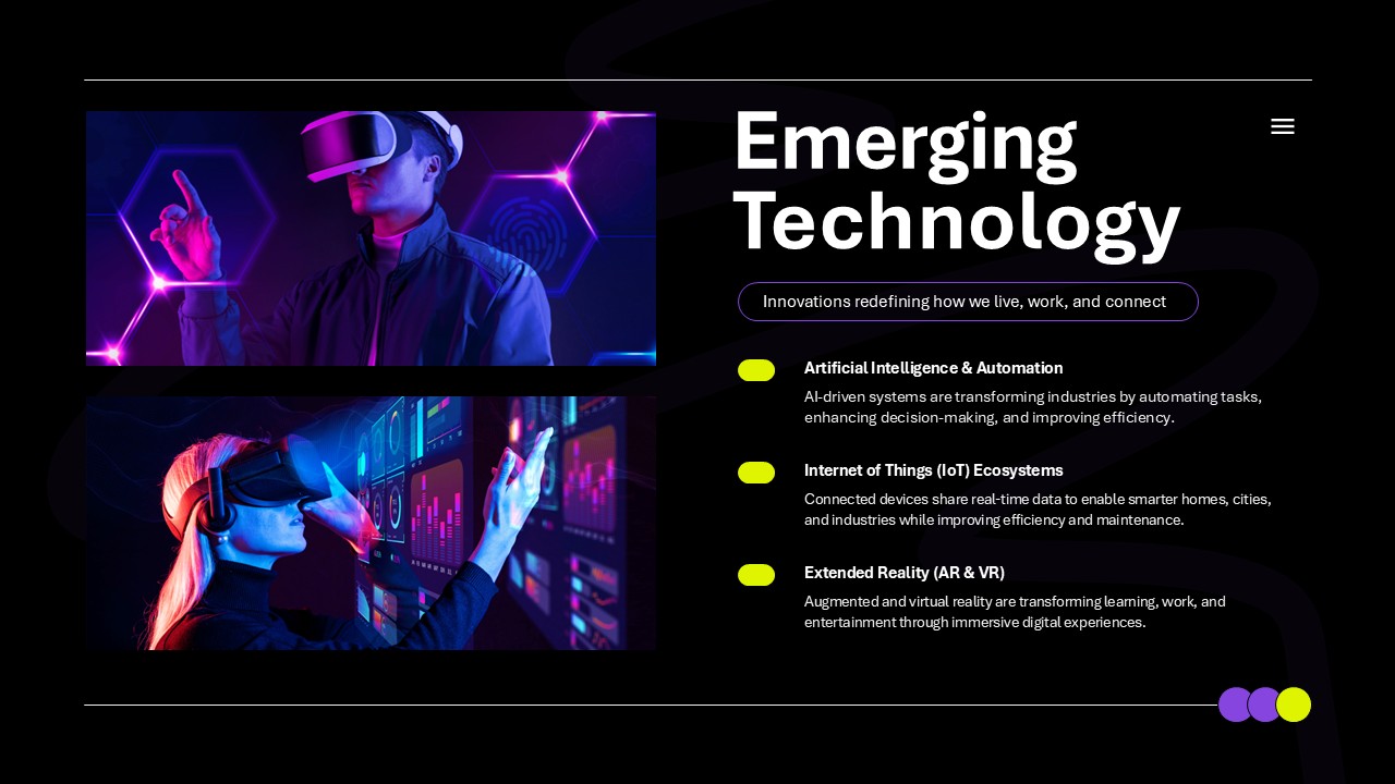 Emerging technology presentation slide showing AI IoT and AR VR concepts with content layout and visuals